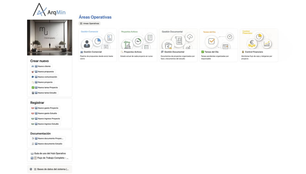 Captura del dashboard de ArqMin en Notion para gestión operativa de proyectos de arquitectura.