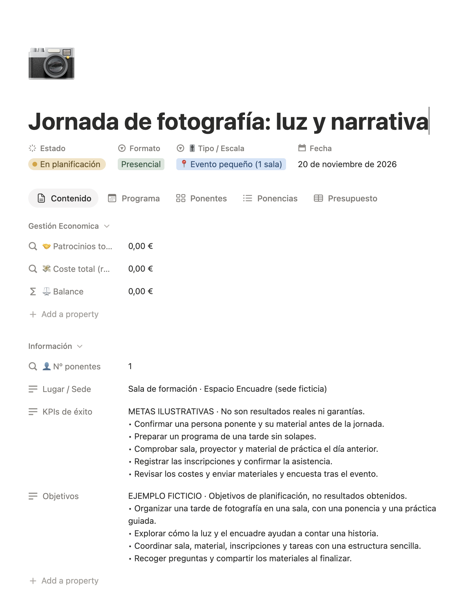 Ficha de la jornada de fotografía: luz y narrativa, evento pequeño con una ponente y objetivos ilustrativos.