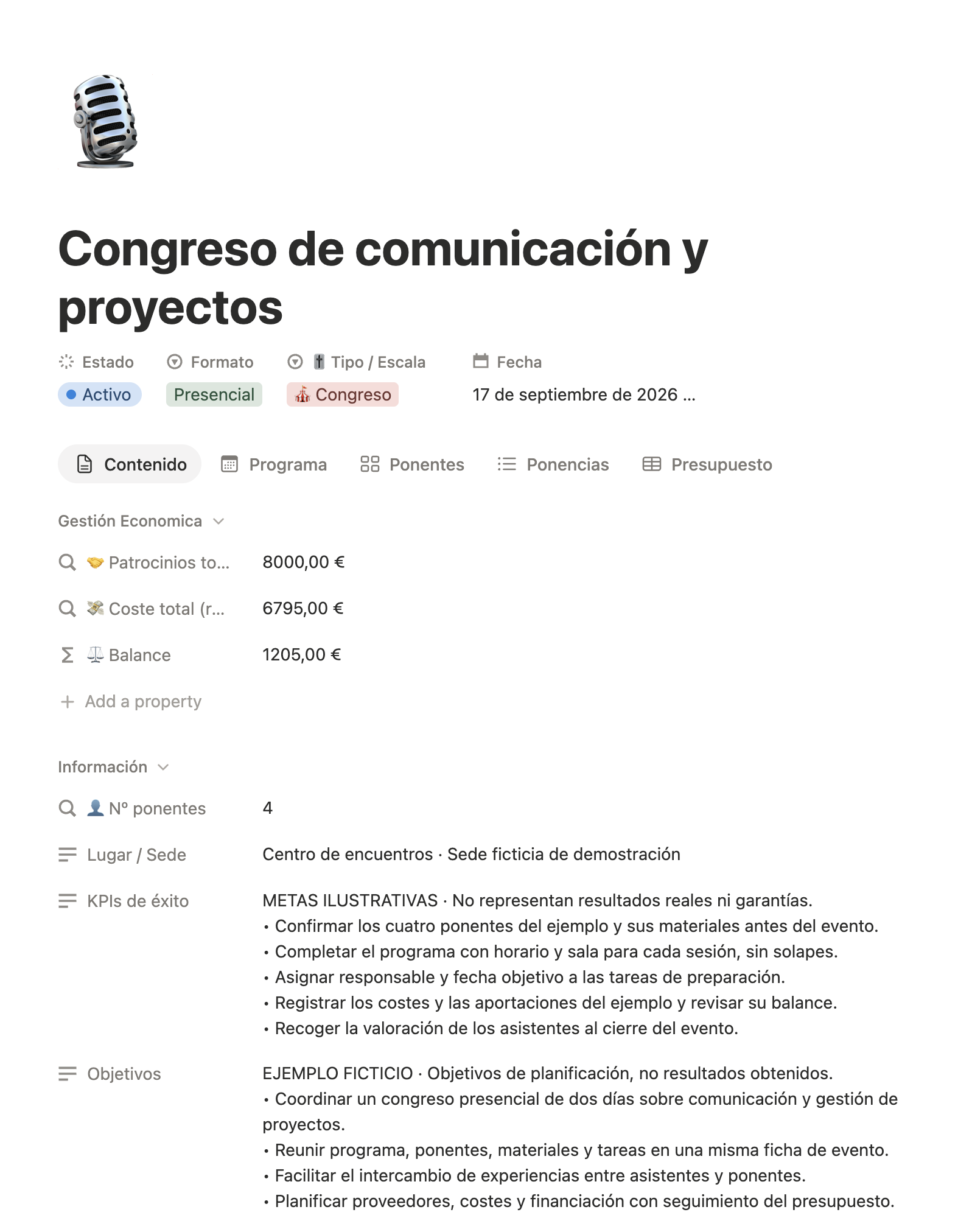 Ficha del congreso de comunicación y proyectos con cuatro ponentes y datos económicos ficticios.