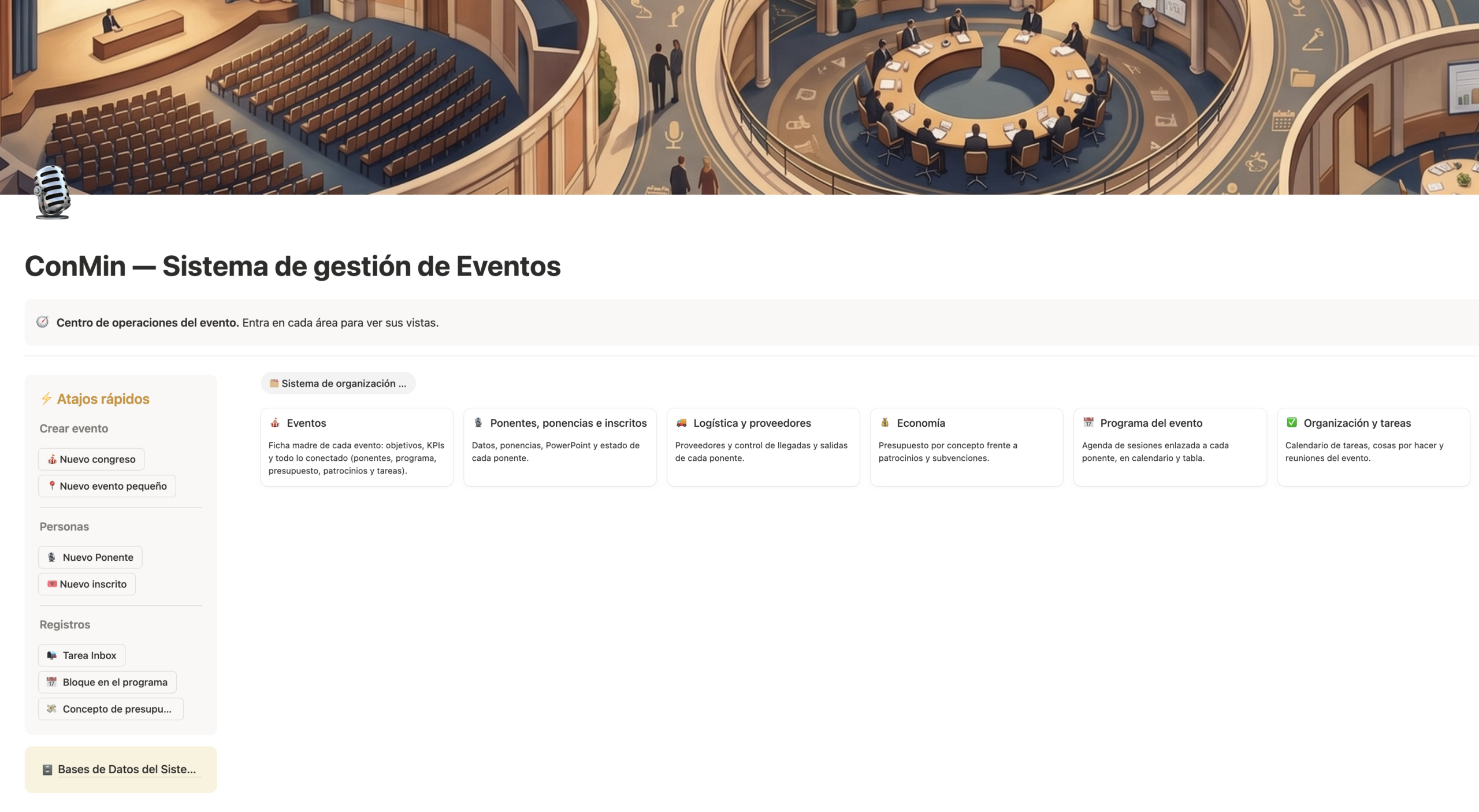Panel de ConMin con accesos a eventos, personas, logística, economía, programa y tareas.